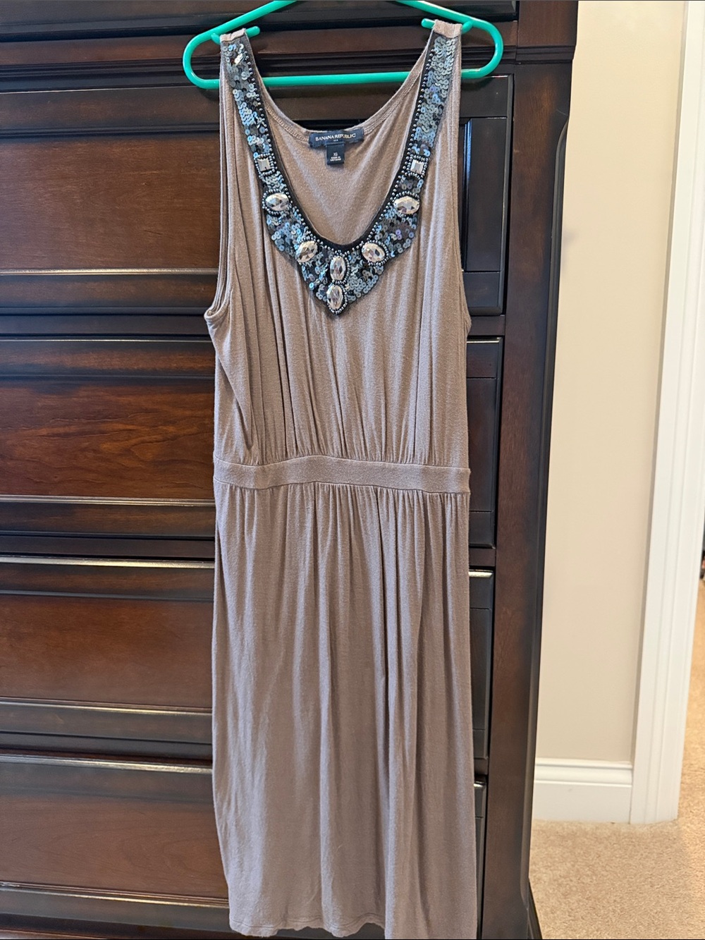 Banana Republic Taupe Beaded V-Neck Dress